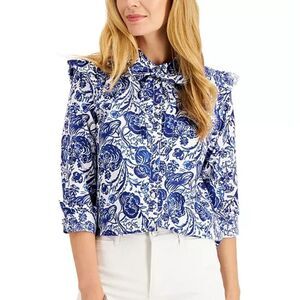 Charter Club  Cotton Tie-Neck Printed Blouse sz SP